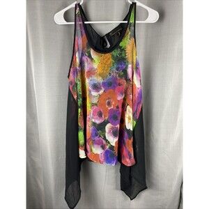 Jeans By Buffalo Women's Sz L  Black Sheer Floral Sleeveless Hi Lo Hem Top